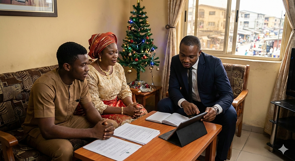 People in a living room discuss documents by a tablet. A Christmas tree with colorful lights stands nearby, creating a festive mood.