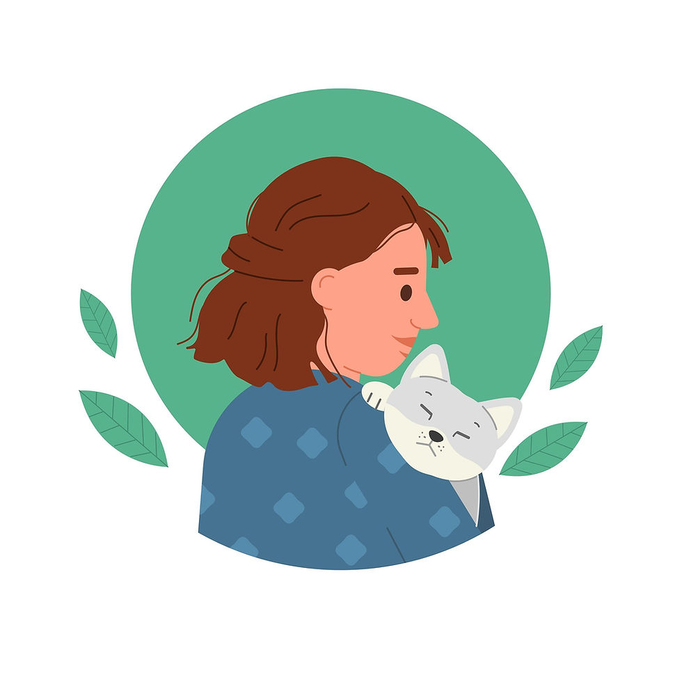 Illustration of a smiling woman holding a sleeping gray cat, framed by green leaves on a mint circle background.