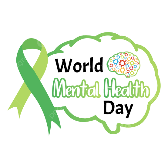 Green awareness ribbon beside World Mental Health Day text and a colorful brain icon on white background