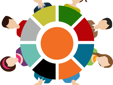 Illustration of eight people sitting around a colorful pie chart. Suggesting support communities.