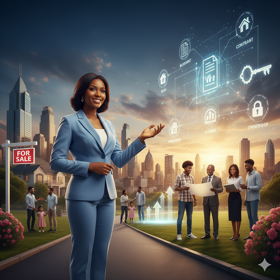 Woman in a blue suit gestures to floating real estate icons. Background shows city skyline, families, and a "For Sale" sign. Illustrating Real estate terms