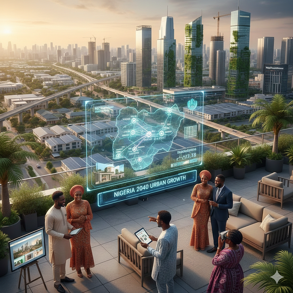 People on a rooftop discuss Nigeria's 2040 urban growth, with a digital map display. City skyline in the background, sunset lighting.