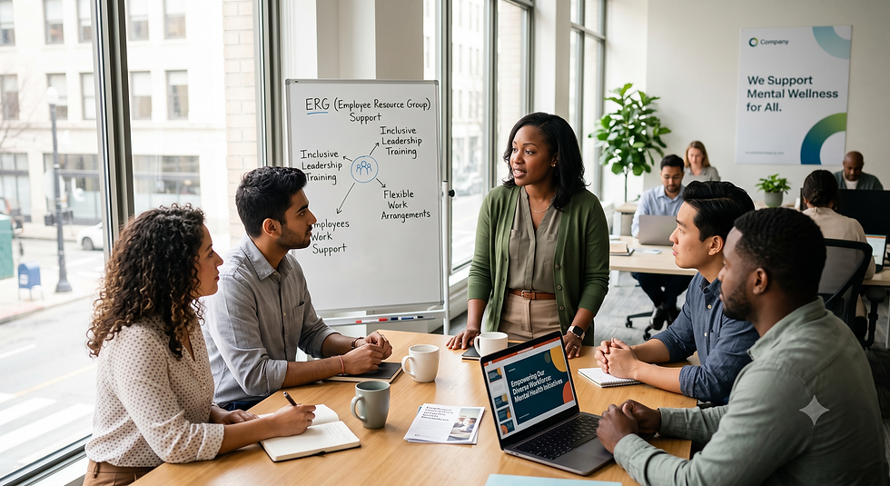 Diverse coworkers in an office meeting around a whiteboard labeled ERG and Inclusive Leadership Training, discussing mental wellness.