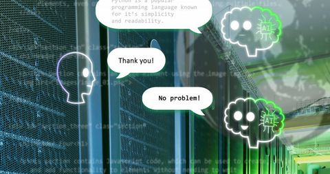 AI chat bubbles over server racks in a data center, saying Thank you! and No problem!, with glowing head icons and code-like text.