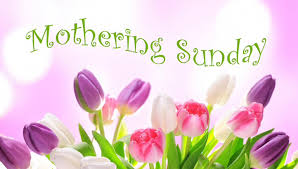 Colorful tulips on a pink and white bokeh background with "Mothering Sunday" text in green, conveying a cheerful and festive mood.