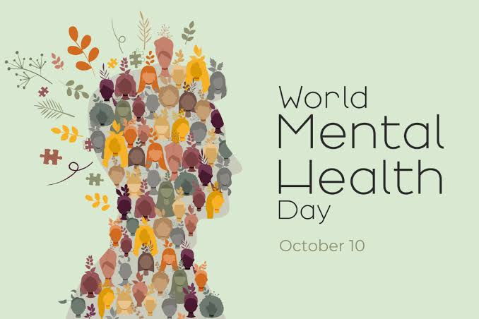 Colorful crowd forms a head silhouette beside text World Mental Health Day, October 10, on pale green background.