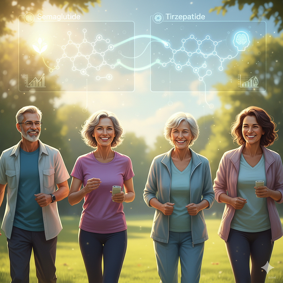 Four smiling people jogging in a sunlit park, holding devices. Diagrams of Semaglutide and Tirzepatide hover above. Warm, vibrant tones.