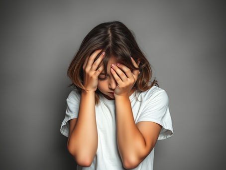 Young girl in a white shirt holds her head in her hands, conveying stress or sadness against a plain gray background.