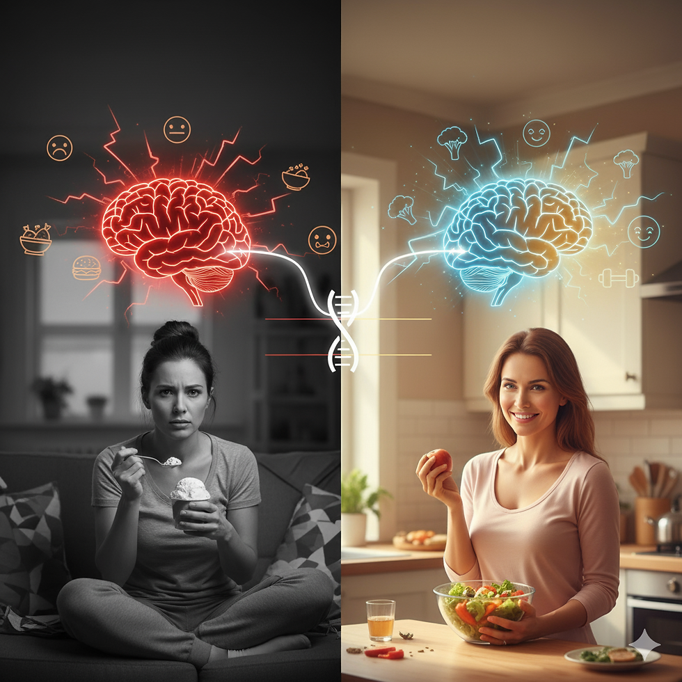 Split image shows a woman eating ice cream on the left with a red brain and sad emojis. On the right, a woman eats salad with a blue brain and happy emojis.