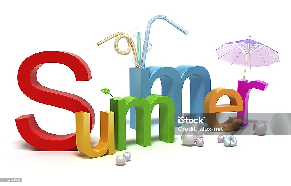 Colorful 3D Summer letters with umbrella and straws on white background, with scattered pearls and iStock credit.