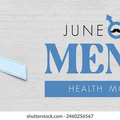 Blue awareness ribbon beside text reading June is Men’s Health Month on a light textured background.