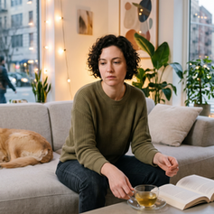 Woman with curly hair sits beside a sleeping golden retriever, reading by tea and an open book in a cozy city apartment, feeling emotionally numb