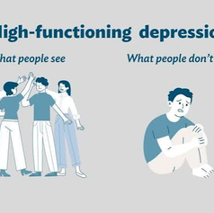 Infographic titled High-functioning depression: happy group high-fiving under What people see, sad seated person under What people don’t see
