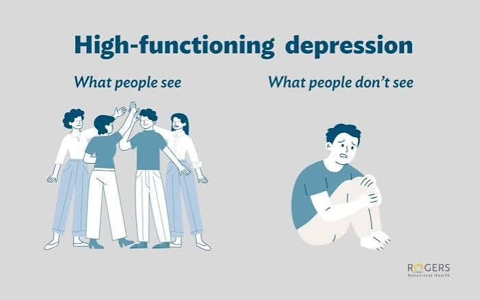 Infographic titled High-functioning depression: happy group high-fiving under What people see, sad seated person under What people don’t see