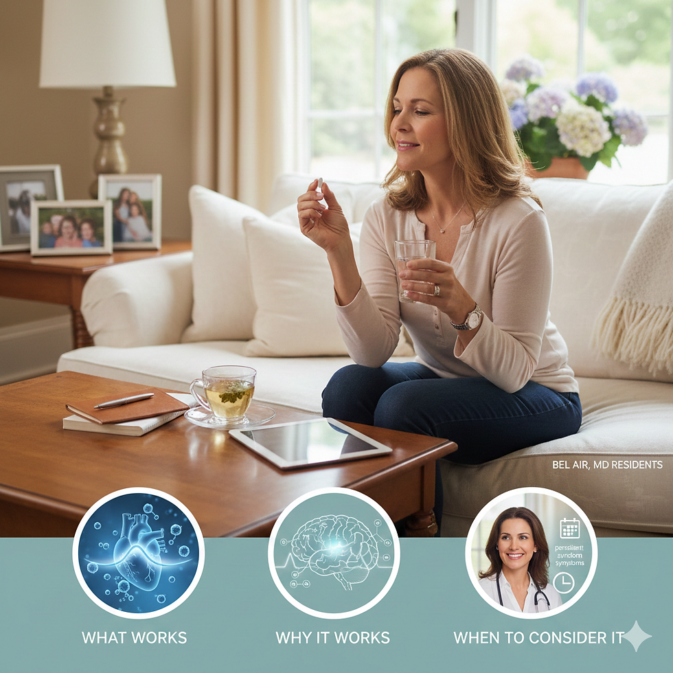 A woman sits on a sofa holding a pill and water, with tea, tablet, and photos on the table. Text: What Works, Why It Works, When to Consider It.