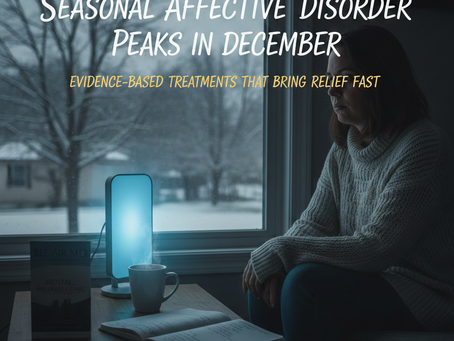 Woman in a sweater sits by a window on a snowy day, looking at a blue light. Text reads: "Seasonal Affective Disorder Peaks in December."