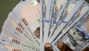 Hands holding a fan of currency notes, including US dollars and naira, against a plain background. The scene conveys wealth. Illustrating naira stability