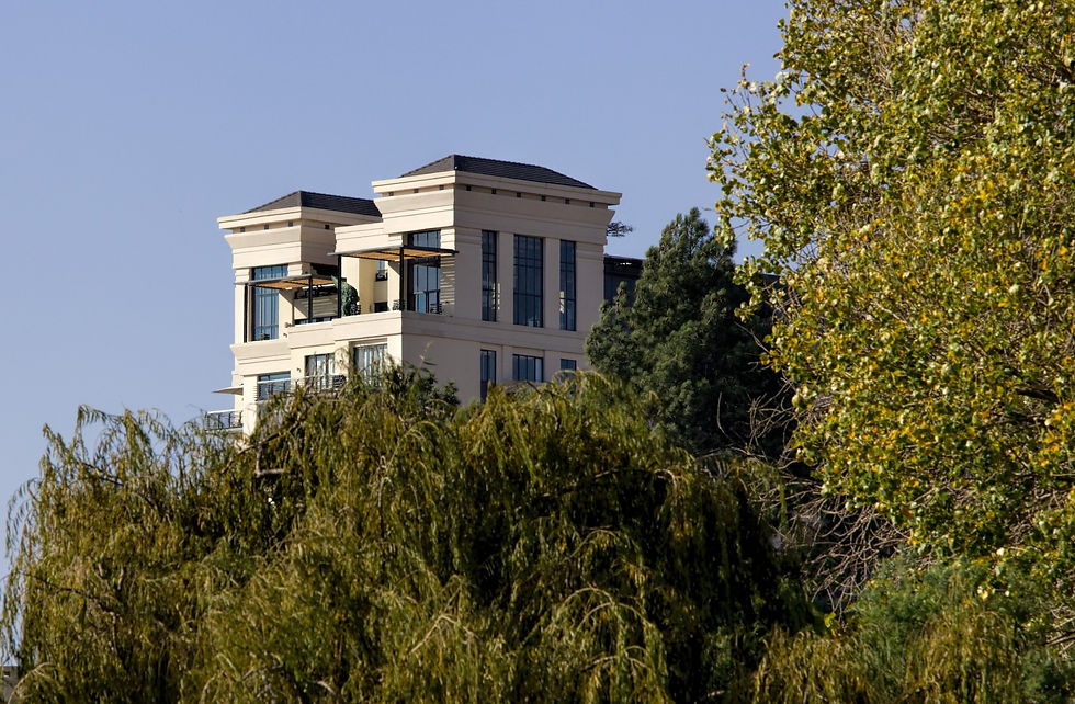 A modern beige building with large windows is partially hidden by lush green trees under a clear blue sky, creating a serene atmosphere.
