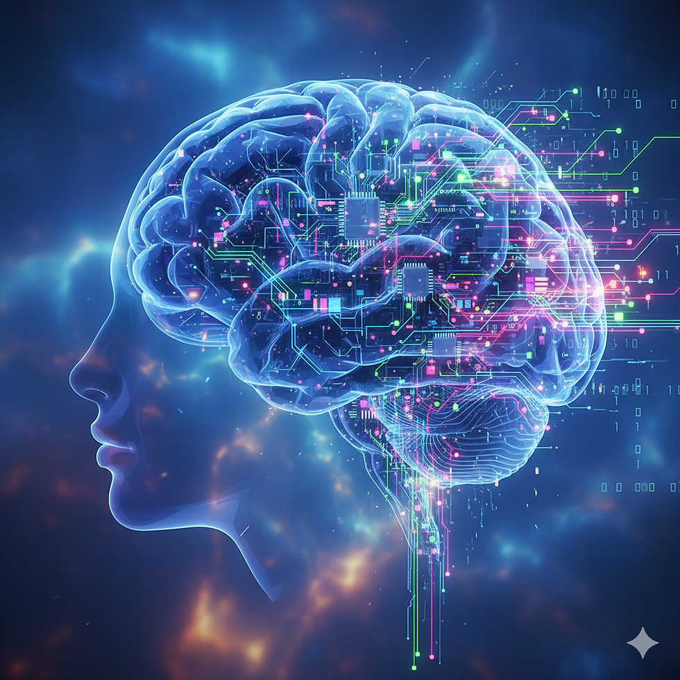 Futuristic digital brain with circuitry and neon lights, set against a cosmic blue background. Comparing AI therapy and human therapy