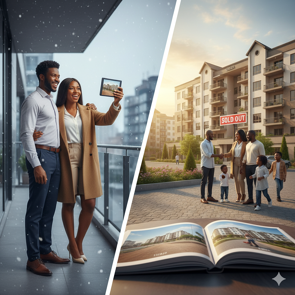 Couple taking a selfie on a snowy balcony; family in front of a "Sold Out" apartment building in sunny weather; real estate brochure open.