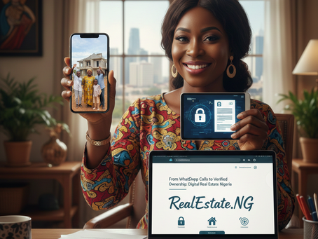 Smiling woman in colorful attire holds a smartphone and tablet, displaying security screens. Laptop shows "RealEstate.NG." Cityscape in background.