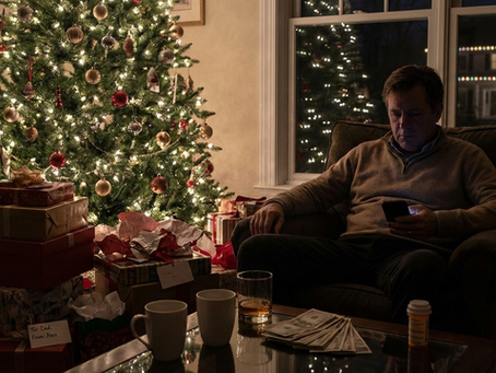 Man sitting by a lit Christmas tree with gifts, looking at a phone. Cozy room with festive decor. Glass and money on table suggest thoughtful mood.