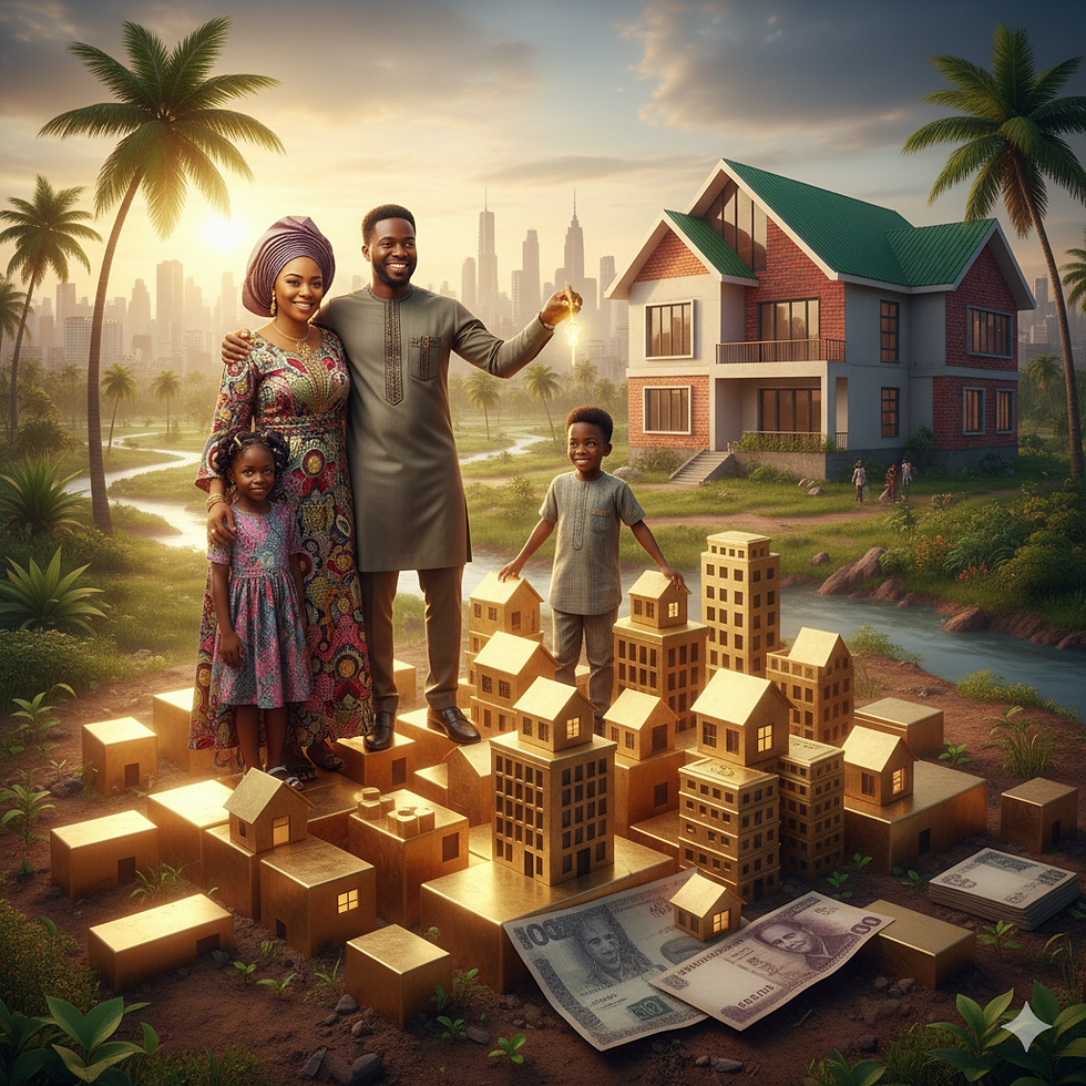 Family stands smiling with a key, surrounded by golden houses and currency notes, against a lush backdrop with a modern house and city skyline. Illustrating investing in real estate.