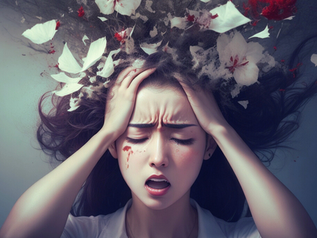 A woman holds her head in frustration, with flowers and red debris exploding from her hair. Illustrating misdiagnosis of mental health.