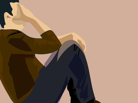 Illustration of a person sitting against a beige background, head in hand, wearing a brown shirt and dark pants, illustrating Signs of Depression or Suicide
