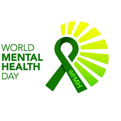 World Mental Health Day text beside a green awareness ribbon with WMHD and yellow-green sunburst on white background.