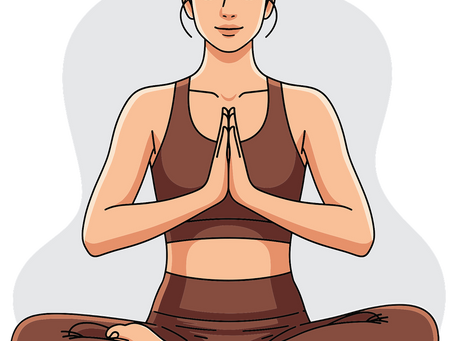 Illustration of a woman meditating in a seated pose, eyes closed, hands in prayer position. She wears a brown outfit, calm background.