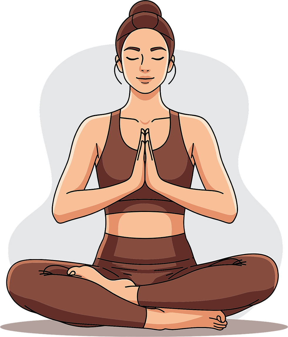 Illustration of a woman meditating in a seated pose, eyes closed, hands in prayer position. She wears a brown outfit, calm background.