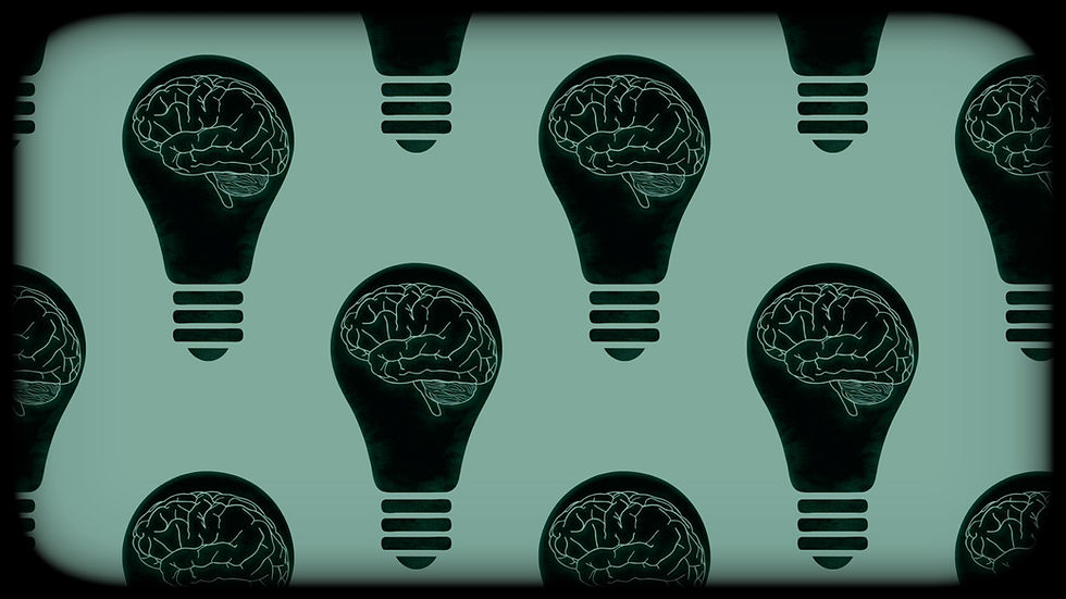 Pattern of black lightbulbs with glowing brain drawings on a pale green background, suggesting ideas and innovation