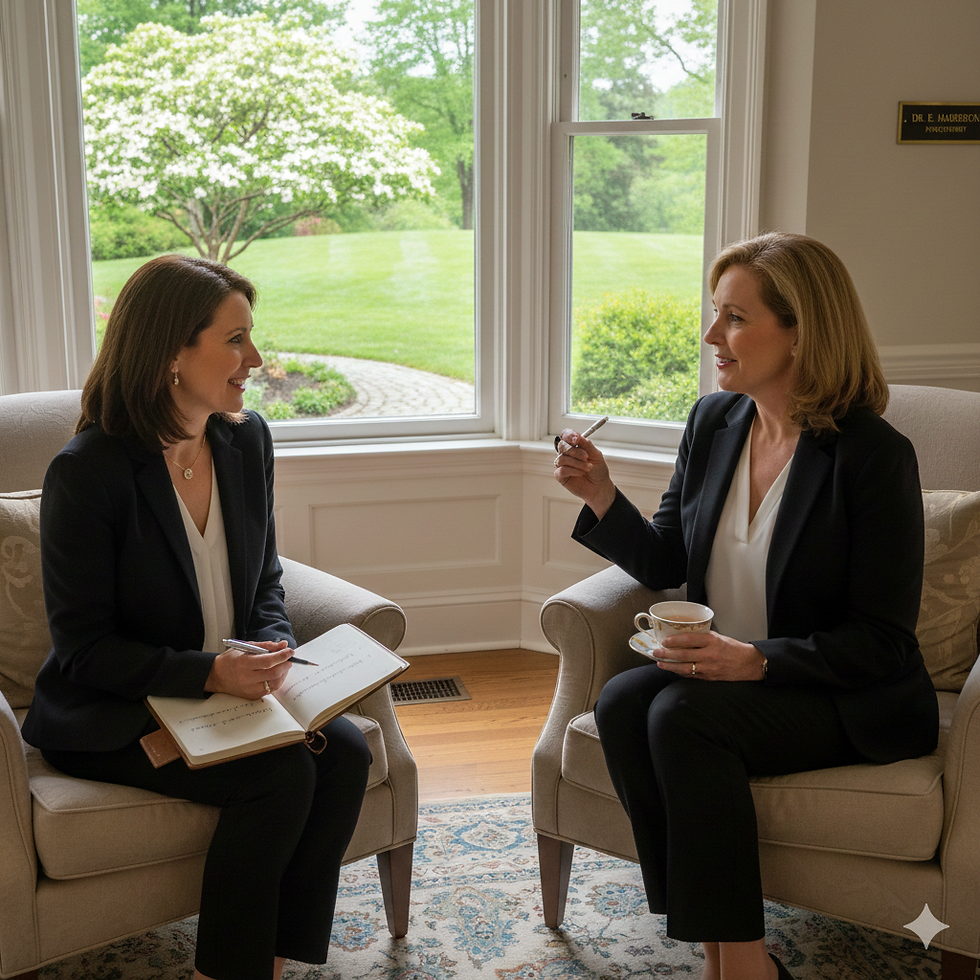 Two women in a professional setting discuss, one with a notebook, another with a cup. Bright room, large window, lush green outside.