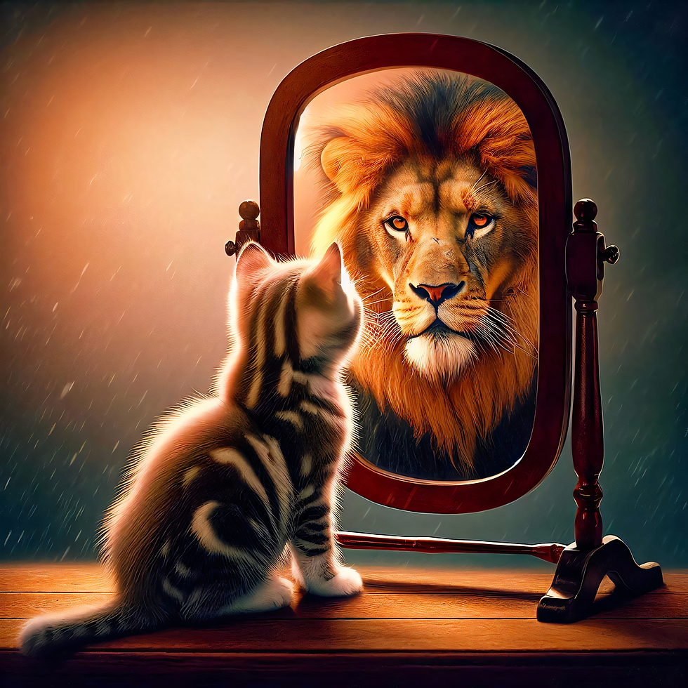 A kitten looks at its reflection in a mirror, seeing a lion. Suggesting optimism and healthy self-esteem.
