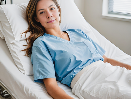 Woman in a hospital bed wearing a blue gown, looks calm. Medical equipment in the background. Illustrating the role of Medication Management vs. Therapy