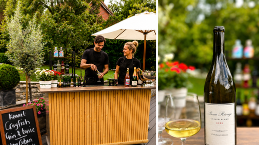 Outdoor pop-up bar surrounded by greenery with staff serving guests