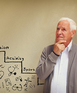 photo of senior man looking concerned about medical and health issues with set of infograp
