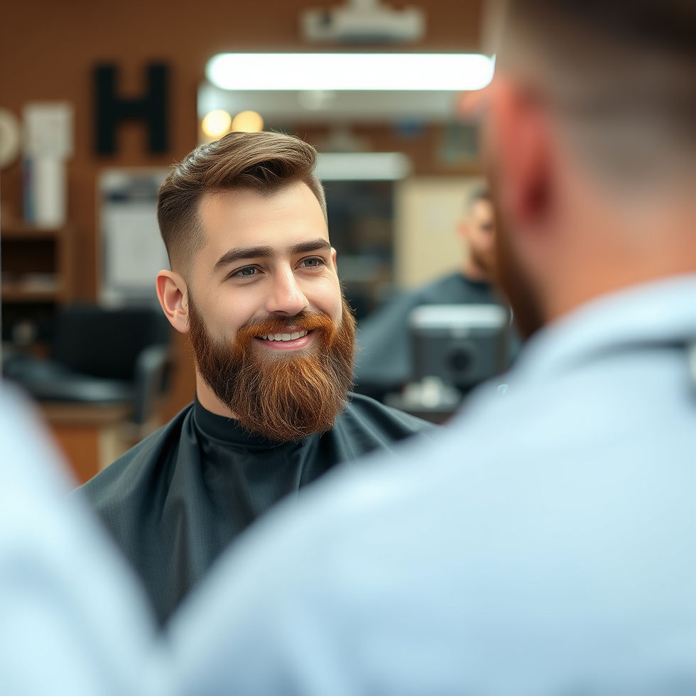 Client sitting in a barber chair after a. cut and style.