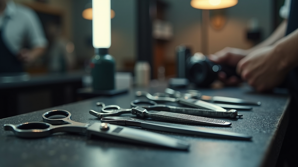 Close-up view of barber tools neatly arranged on a counter