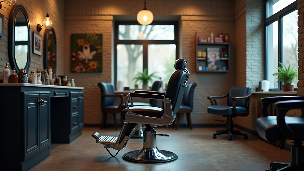 Eye-level view of a modern barber chair in a stylish barber shop