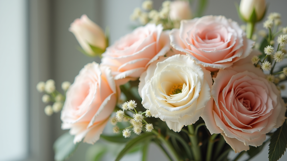 Close-up view of a beautifully arranged wedding bouquet with soft pastel flowers