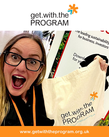A lady with black rimmed glasses is standing open mouthed with a happy expression, holding a bag with the Get with the Program logo on. At the top of the image is the Get with the Program logo and at the bottom of the image is the URL: www.getwiththeprogram.org.uk