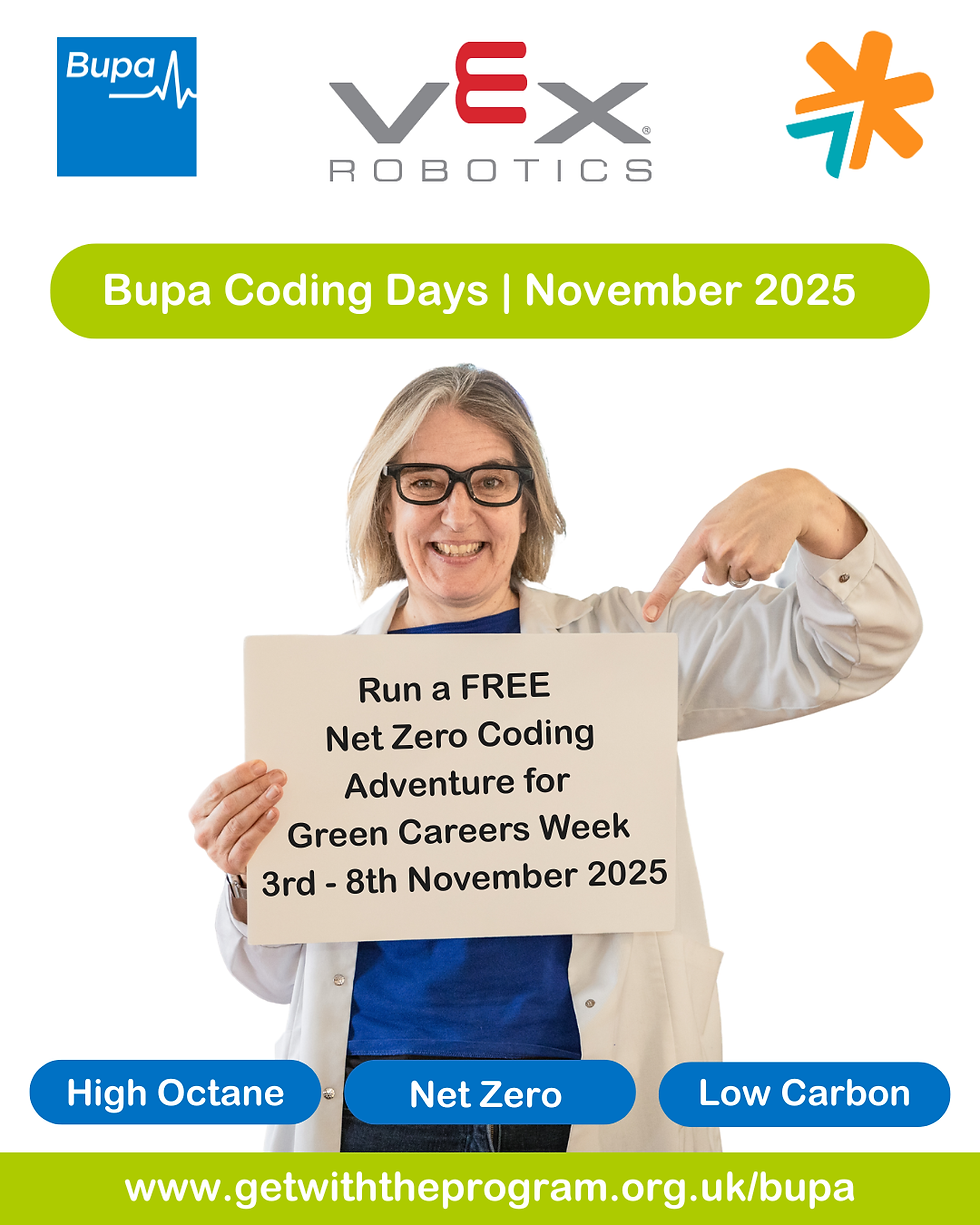 'Professor' Trice from Get with the Program holds and points at a sign which reads: Run a FREE Net Zero Coding Adventure for Green Careers Week 3rd-8th November 2025
At the top of the image are the GWTP, Bupa, and VEX Robotics logos. At the bottom of the image the words High Octane, Net Zero, Low Carbon and the URL: www.getwiththeprogram.org.uk/bupa