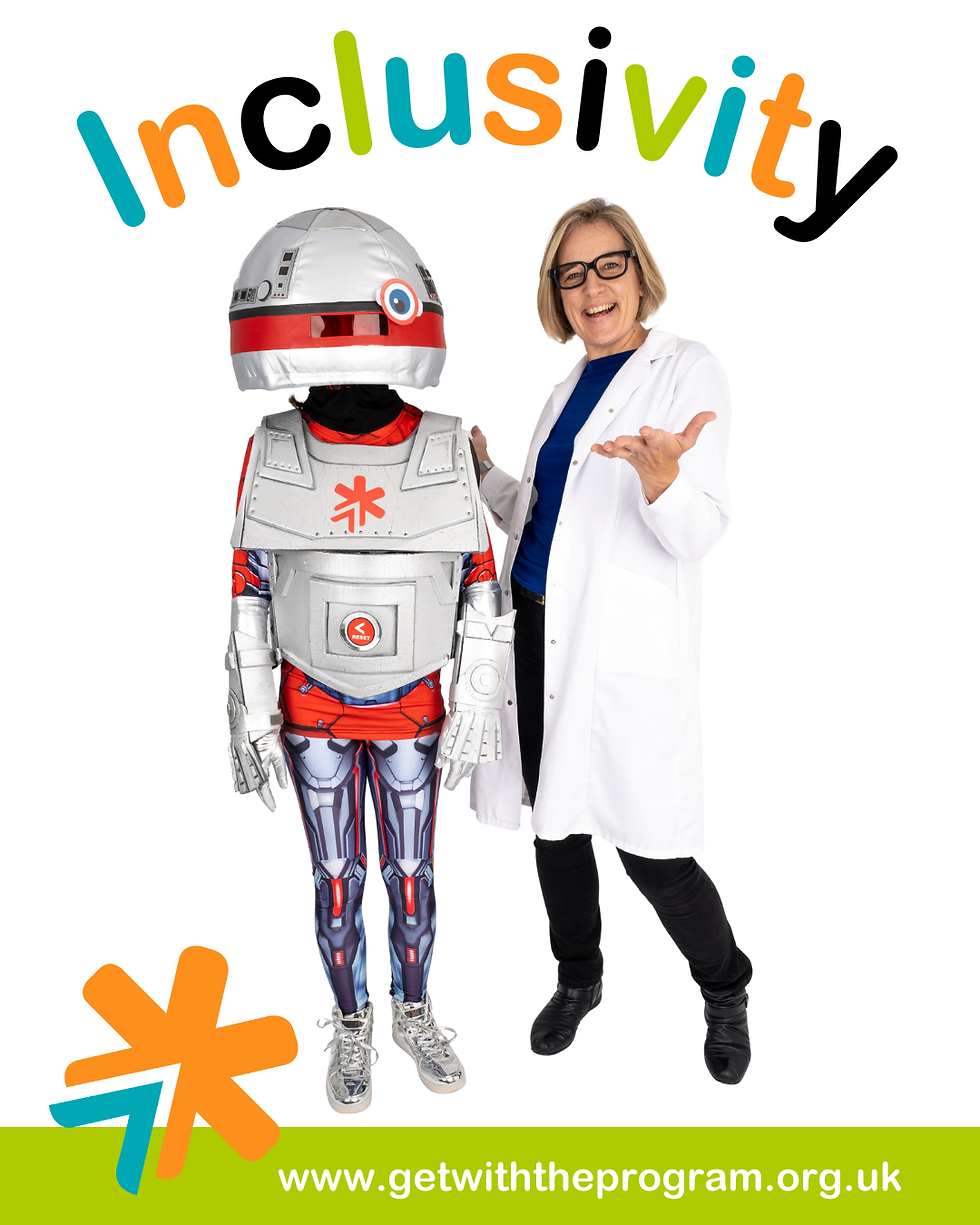 'Professor' Trice and AL the Robot are standing together. Above them is the word 'Inclusivity' in multi-colours. At the bottom of the image is the Get with the Program logo and the URL: www.getwiththeprogram.org.uk