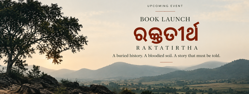 Book launch of Raktatirtha by Sujata Mohapatra, featuring an Odisha landscape and mountains.