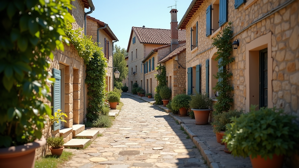 Eye-level view of a rustic French village street with stone houses