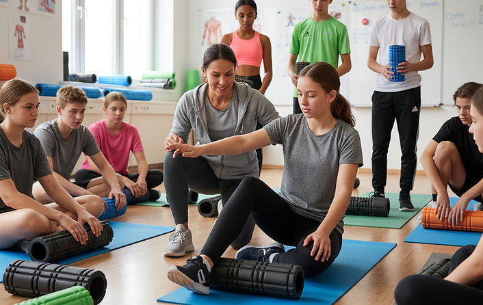 female massage therapist teaching a class of sport teens how to foam roll.jpg