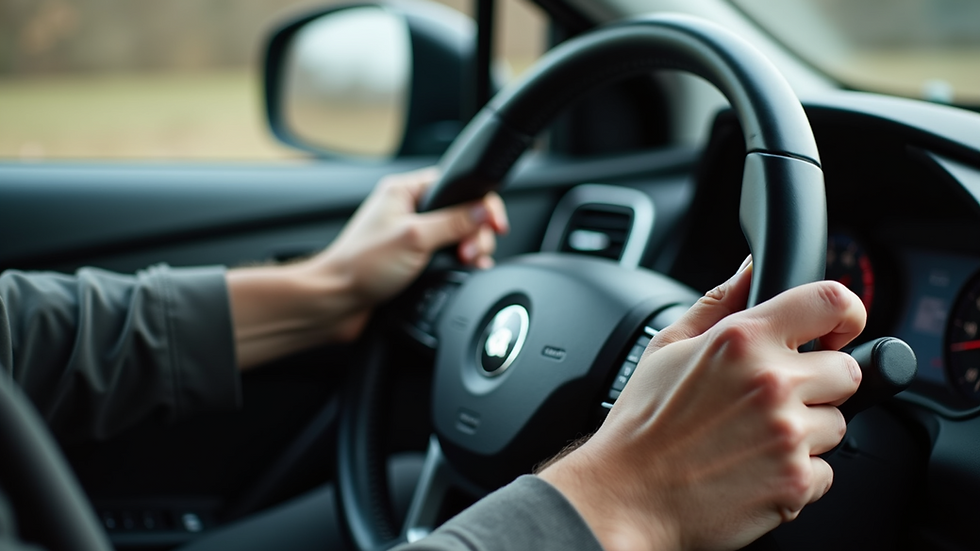 Close-up view of a learner driver’s hands on the steering wheel during a lesson