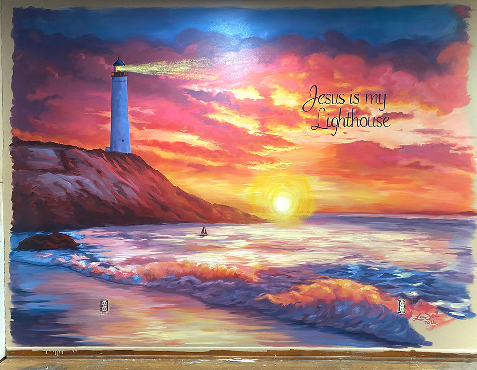 Painting of a lighthouse on a cliff with a glowing light beam at sunset. Waves below, text reads "Jesus is my Lighthouse," with vibrant sky.